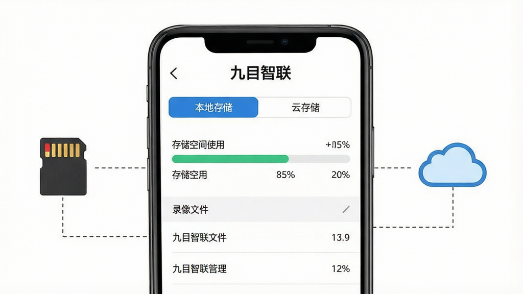 一张展示九目智联软件存储管理界面的图片,画面为一部手机屏幕,屏幕内显示九目智联软件的存储设置页面,有本地存储和云存储两个选项卡,下方有存储空间使用进度条和录像文件列表,屏幕上方有“九目智联”文字标识,手机旁边有一个存储卡图标和一朵云图标用虚线连接,布局上下结构,排版整洁,风格为简约商务风,细节上进度条有百分比数字,背景为白色,画质清晰,干净,无多余元素