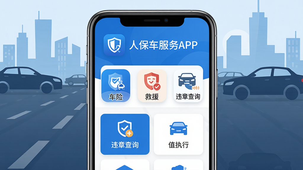 画面中央展示一部智能手机,手机屏幕上显示人保车服务APP的首页界面,包含车险、救援、违章查询等功能图标,背景为城市道路与汽车剪影,布局采用上下分层结构,上方为APP图标和名称人保车服务APP,下方为功能模块展示,风格为现代科技感扁平化设计,细节包括蓝色主色调、盾牌图标、车辆轮廓,画质清晰,干净,无多余元素