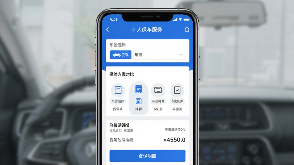手机屏幕展示人保车服务APP的车险投保页面,页面中有车型选择、保险方案对比、价格明细等模块,画面主体为手机界面,布局居中,风格简洁商务,细节包括蓝色按钮、保单图标、数字金额,画质高清,干净,无多余元素