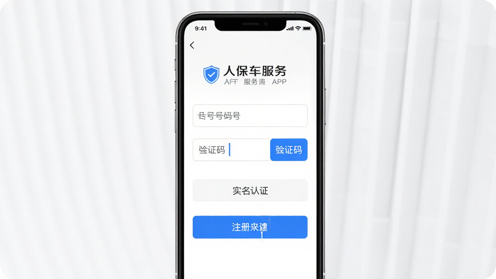 手机屏幕展示人保车服务APP的注册登录页面,页面中有手机号输入框、验证码按钮、实名认证入口,画面主体为手机界面,布局居中,风格简洁明亮,细节包括蓝色按钮、盾牌安全图标、输入光标,画质高清,干净,无多余元素