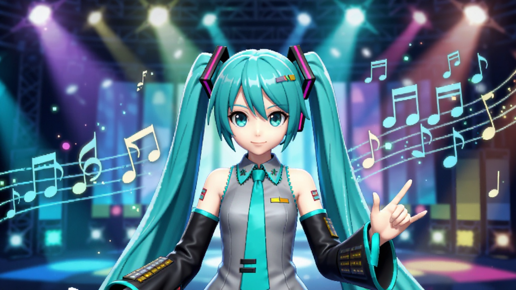 一款以初音未来为主题的手机音乐节奏游戏主界面,画面中央是初音未来虚拟歌手形象,身穿经典蓝绿色双马尾造型,背景是绚丽的舞台灯光与音符特效,画面采用日系二次元风格,色彩鲜艳明亮,整体布局为竖版手机屏幕比例,画质高清,干净整洁,无多余元素