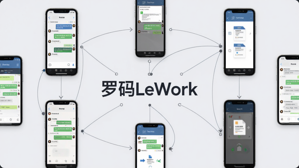 一张展示罗码LeWork团队协作功能的示意图,画面中多部手机通过线条连接形成协作网络,每部手机屏幕上显示聊天对话和文件传输界面,中心位置标注