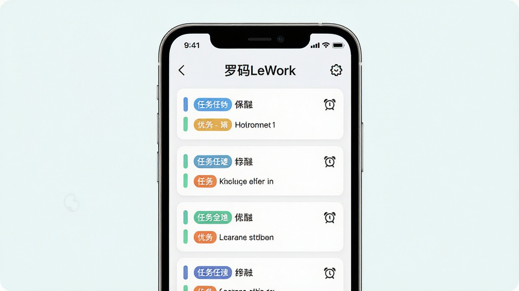 一张展示罗码LeWork任务提醒功能的示意图,画面中央是一部手机,屏幕上显示任务列表界面,列表中有多条待办事项,部分事项旁标注了彩色优先级标签和闹钟提醒图标,界面顶部有