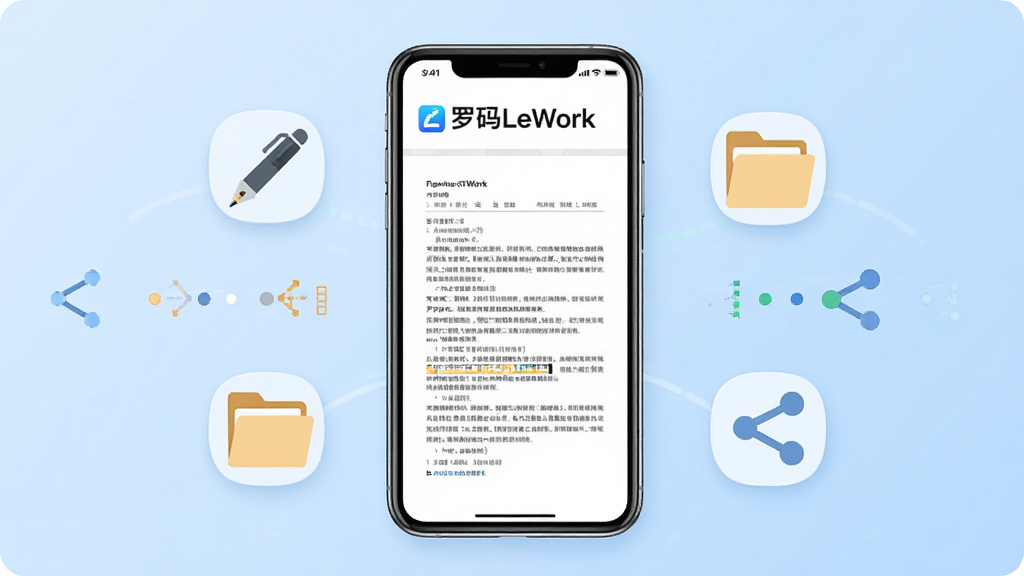 一张展示罗码LeWork文档处理功能的示意图,画面主体为一部智能手机,屏幕中打开了一份排版整齐的文档,文档上方标注