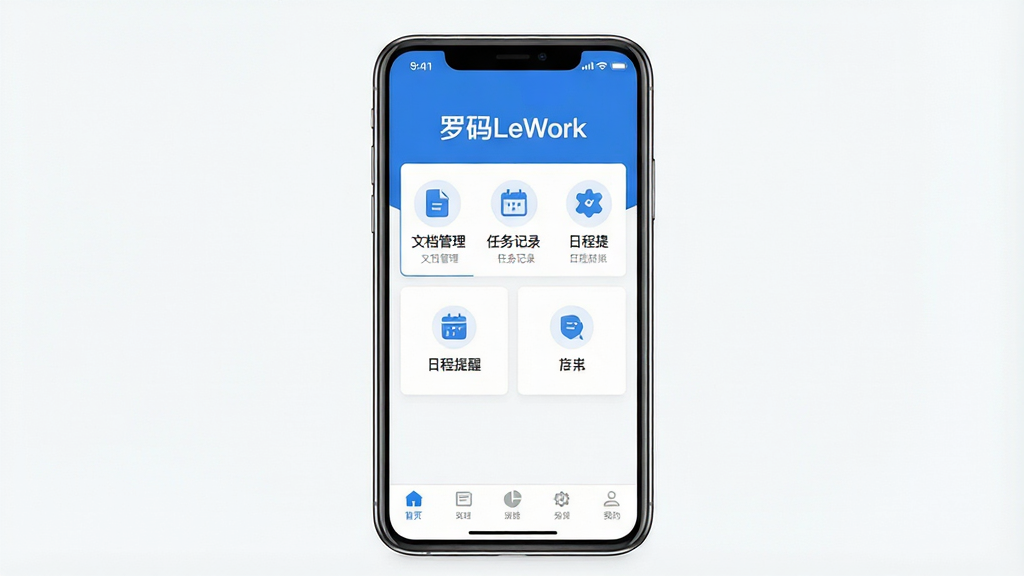 一张展示罗码LeWork软件主界面的预览图,画面中央是手机屏幕,屏幕上显示罗码LeWork应用首页,页面布局清晰,上方有软件名称