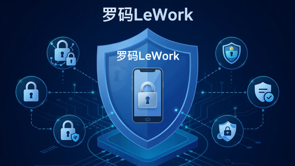 一张展示罗码LeWork数据安全功能的示意图,画面中央是一个盾牌形状的安全图标,盾牌内部显示手机和锁的图案,盾牌上方标注