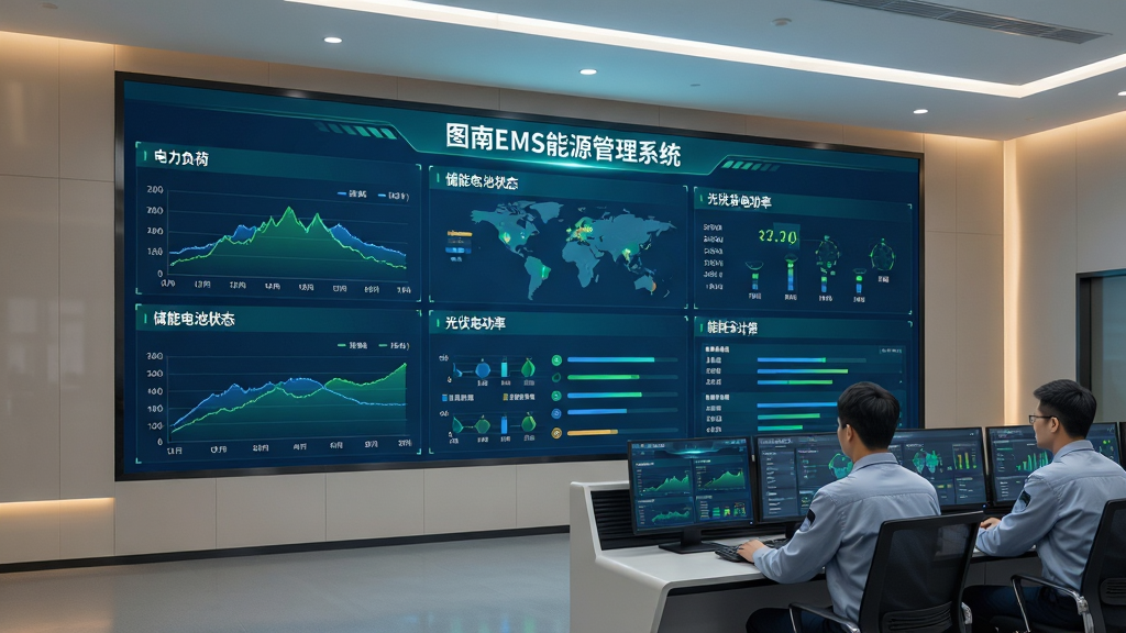 一张展示图南EMS能源管理系统核心全貌的图片,画面中央是一块大型数字化监控大屏,屏幕上显示着“图南EMS能源管理系统”字样,大屏分为多个区域,分别展示电力负荷曲线、储能电池状态、光伏发电功率、能耗统计报表等数据面板,屏幕前方是现代化的能源控制中心,有几位工程师正在查看数据,整体布局为横向宽幅构图,风格为写实科技风,细节包括蓝绿色调的界面、清晰的图表线条、柔和的室内灯光,画质高清,干净,无多余元素