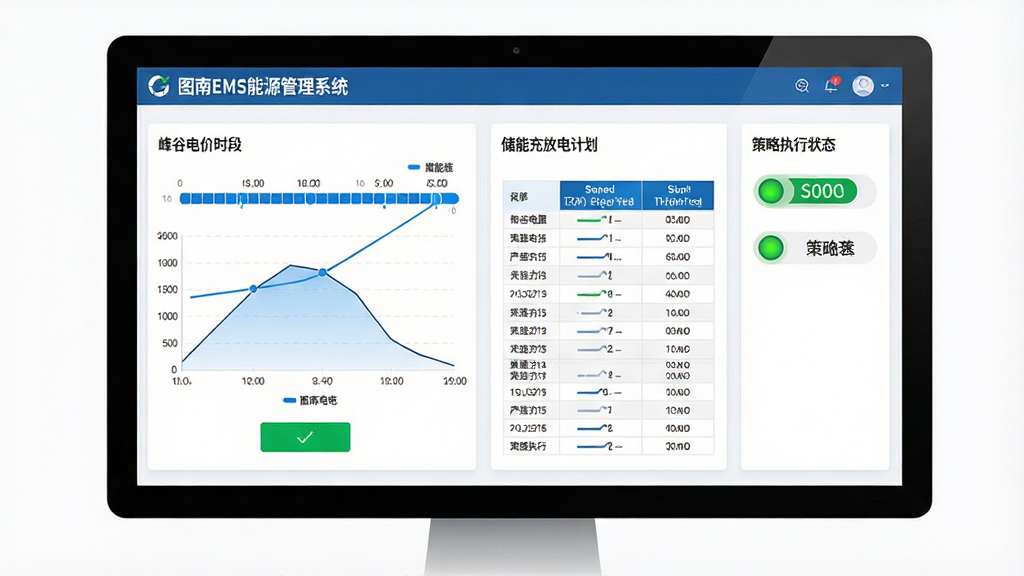 一张展示图南EMS能源管理系统智能策略调度与优化功能的图片,画面主体是一块电脑显示器,屏幕上显示着“图南EMS能源管理系统”的策略配置页面,页面中包含峰谷电价时段图、储能充放电计划表、策略执行状态指示灯,布局为左右分栏构图,风格为现代简约风,细节包括蓝色高亮的时间轴、绿色确认按钮、数据表格,画质高清,干净,无多余元素