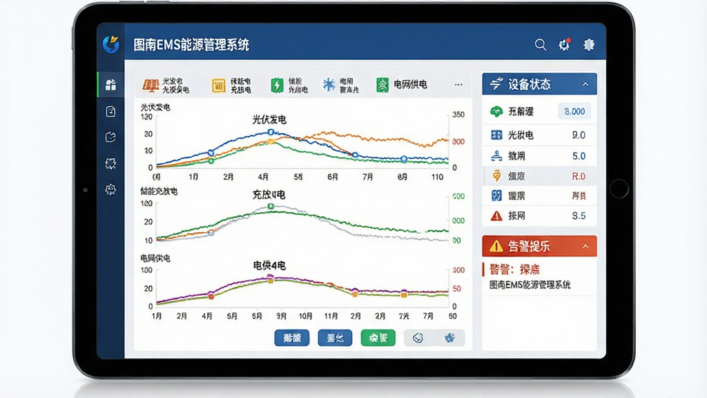一张展示图南EMS能源管理系统多能源数据一体化监控功能的图片,画面主体是一个平板电脑屏幕,屏幕上显示着“图南EMS能源管理系统”的监控界面,界面中同时呈现光伏发电、储能充放电、电网供电三条曲线,旁边有设备状态列表和告警提示,布局为居中构图,风格为简洁商务风,细节包括清晰的坐标轴、彩色曲线、图标按钮,画质高清,干净,无多余元素