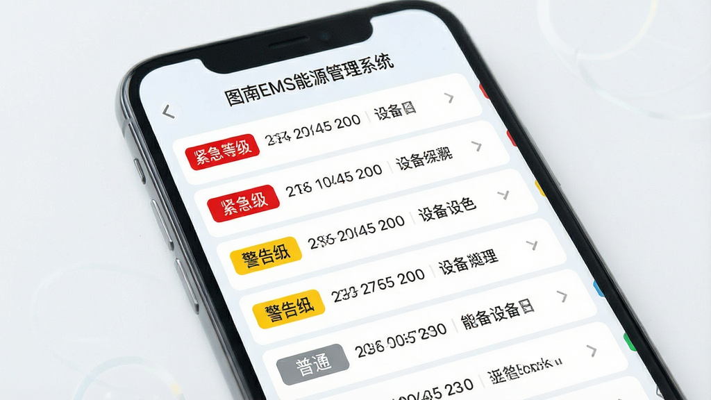 一张展示图南EMS能源管理系统告警管理与事件追溯功能的图片,画面主体是一个手机屏幕,屏幕上显示着“图南EMS能源管理系统”的告警列表界面,列表中包含多条告警记录,每条记录有等级标签、时间戳和设备名称,布局为竖向列表构图,风格为清爽浅色风,细节包括红色紧急标签、黄色警告标签、灰色普通标签,画质高清,干净,无多余元素