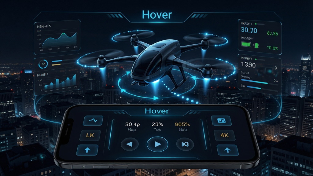 主体是一台悬浮飞行器悬浮在城市夜空中,下方是手机屏幕显示 Hover 控制界面,布局为中央飞行器、四周环绕数据面板与操控按钮,排版采用上下分层结构,风格为科技感深色 UI 风格,细节包括发光蓝色线条、飞行轨迹光点、手机界面上的高度与电量数值,画质为高清 4K,干净,无多余元素,画面中文字为 “Hover”