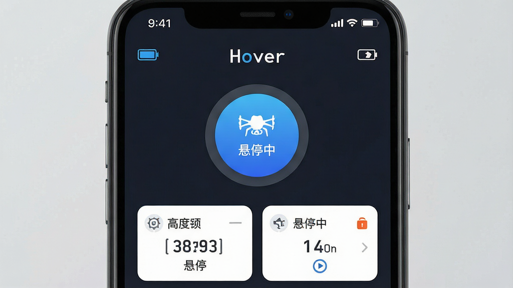 主体是手机屏幕特写,屏幕中显示 Hover 软件的一键起飞与悬停控制界面,布局为上方状态栏、中央圆形起飞按钮、下方参数卡片,排版简洁对称,风格为现代扁平化科技风,细节包括蓝色渐变按钮、电量图标、高度数字、悬停锁定标识,画质高清,干净,无多余元素,画面中文字为 “Hover” 与 “悬停中”