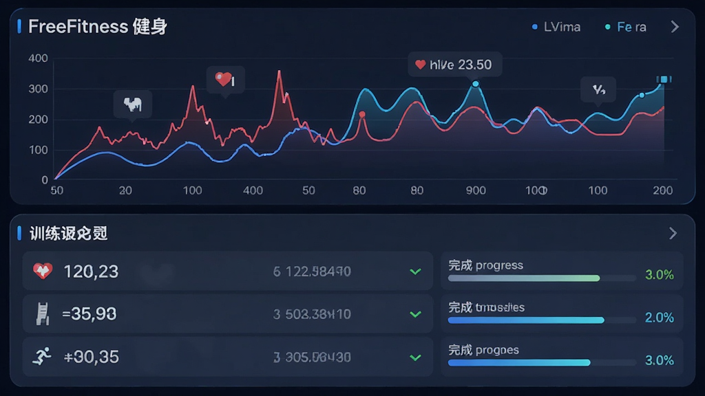 主体是健身数据统计面板,布局为上下结构,排版上方为折线图下方为训练记录列表,风格为科技数据风,细节包括心率曲线、热量消耗数字、完成进度条等元素,画质高清干净无多余元素,画面中文字标注“FreeFitness健身”