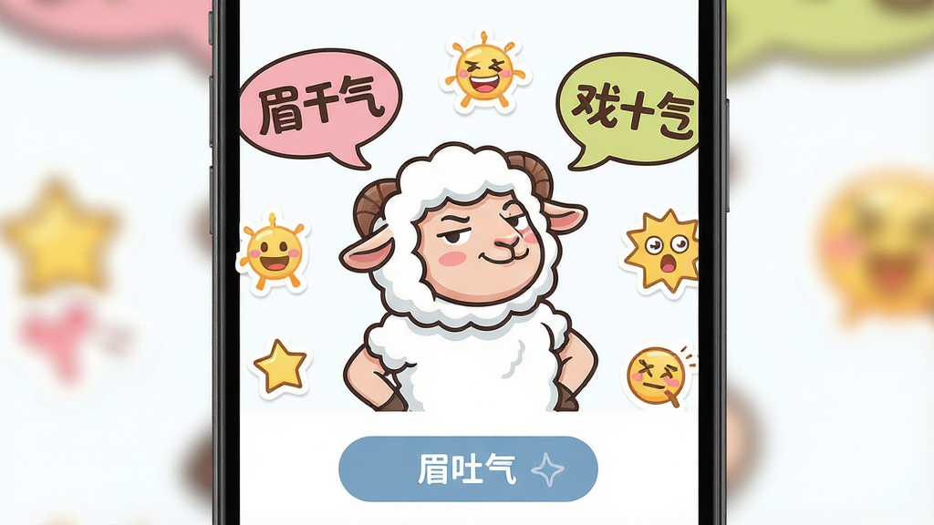 一张手机屏幕展示羊眉吐气软件界面,画面中央是一只卡通羊昂首挺胸、表情得意的形象,周围环绕着扬眉吐气风格的文字气泡和表情贴纸,布局为手机竖屏截图展示,排版简洁清晰,风格为扁平化卡通插画,细节包括彩色贴纸、文字装饰、圆角按钮,画质高清干净无多余元素