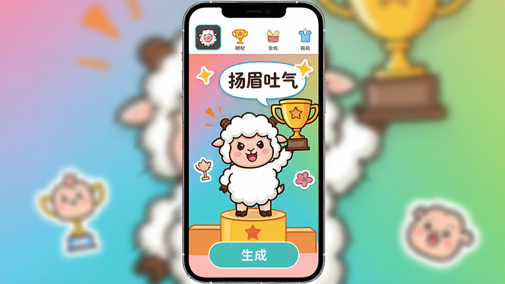 手机应用界面展示羊眉吐气一键生成功能,主体为一只卡通羊站在领奖台上高举奖杯,布局为手机竖屏展示,排版上方为模板选择栏、下方为生成按钮,风格为明亮卡通扁平风,细节包括彩色渐变背景、文字