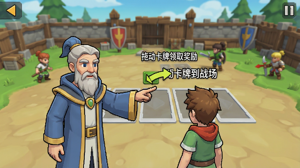 一张魔法启示录新手引导界面的截图风格示意图,画面中一位导师角色正在向玩家角色指点操作,界面上有箭头标注“点击此处领取奖励”“拖动卡牌到战场”等提示,背景是训练场场景,风格为游戏UI教学图,画质干净,无多余元素