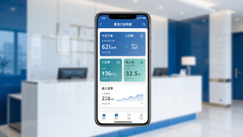 一张展示惠选订房商家版手机应用主界面的图片,画面中央是一部智能手机,屏幕上显示着订单管理仪表盘,包含今日订单数量、入住率、收入统计等数据卡片,背景是简洁的酒店前台环境,色调以蓝色和白色为主,整体风格现代商务,画质清晰,干净整洁,无多余元素