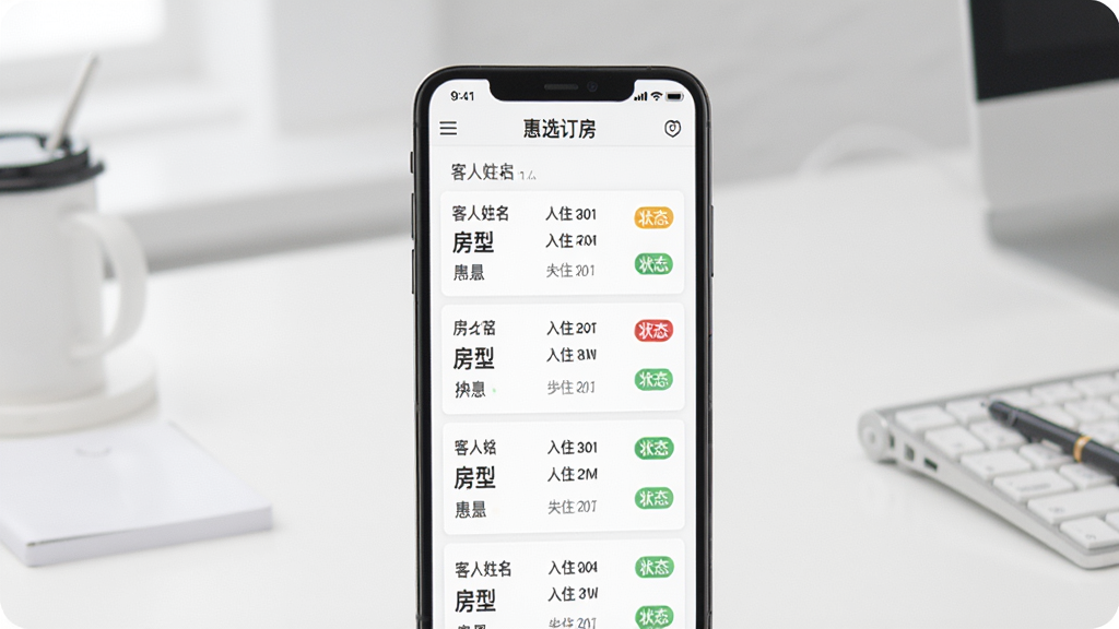 一张展示惠选订房商家版订单处理界面的图片,画面中央是手机屏幕显示订单列表,每条订单卡片上标注着客人姓名、房型、入住日期和状态标签,背景是简洁的办公桌面,风格现代简约,画质清晰,无多余元素