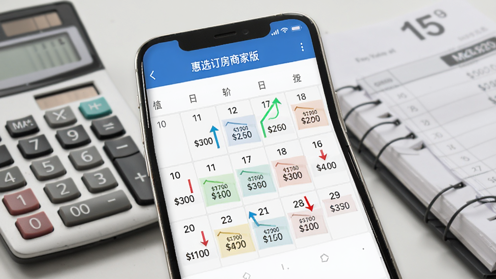 一张展示惠选订房商家版价格调整功能的图片,手机屏幕显示价格日历表,不同日期标注不同价格,有上升和下降的箭头指示,背景是计算器和账本,风格商务简洁,画质高清,无多余元素