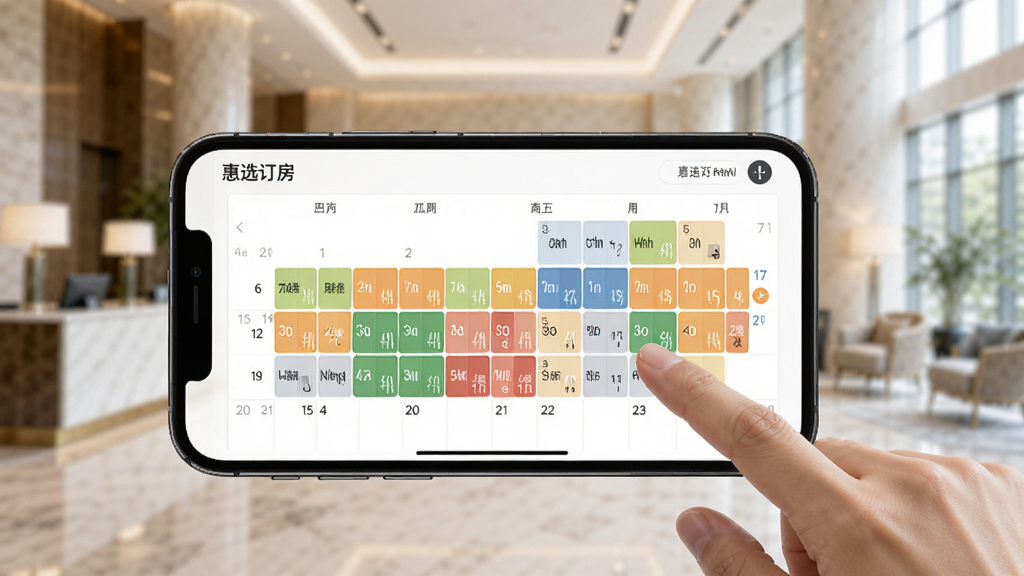 一张展示惠选订房商家版房态管理功能的图片,画面中一部手机横屏显示日历式房态表,不同颜色方块代表不同房间状态,旁边有手指正在点击操作,背景是明亮的酒店大堂,风格简洁清新,画质高清,无多余元素