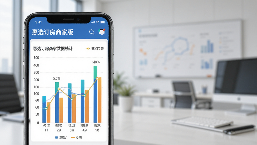 一张展示惠选订房商家版数据统计报表的图片,手机屏幕显示柱状图和折线图,图表颜色鲜明,数据清晰,背景是简洁的办公环境,风格商务专业,画质高清,无多余元素