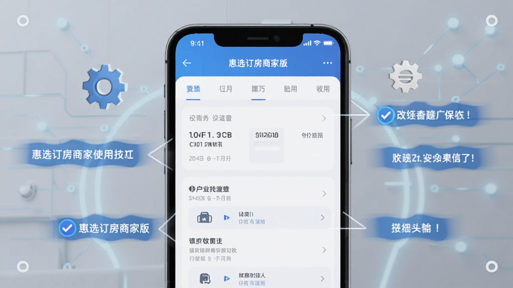一张展示惠选订房商家版使用技巧的图片,画面中手机屏幕显示设置界面,周围有齿轮图标和提示标签,背景是简洁的科技风格,色调以蓝灰为主,画质清晰,无多余元素