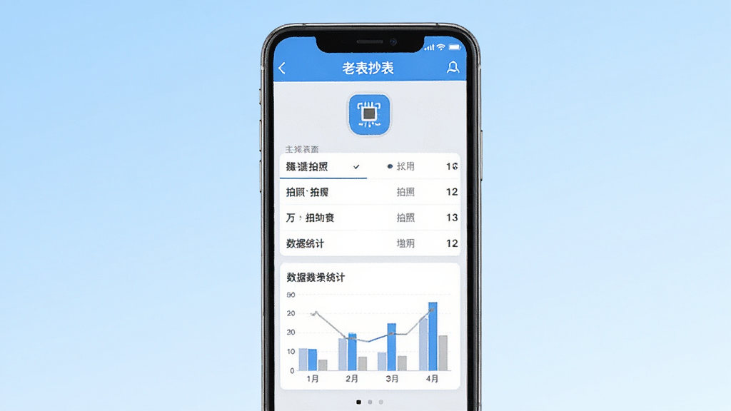 软件主界面展示,一部智能手机居中放置,屏幕显示老表抄表应用界面,界面包含拍照识别按钮、数据列表和统计图表,背景为浅蓝色渐变,风格简洁商务,细节清晰,画质干净无多余元素