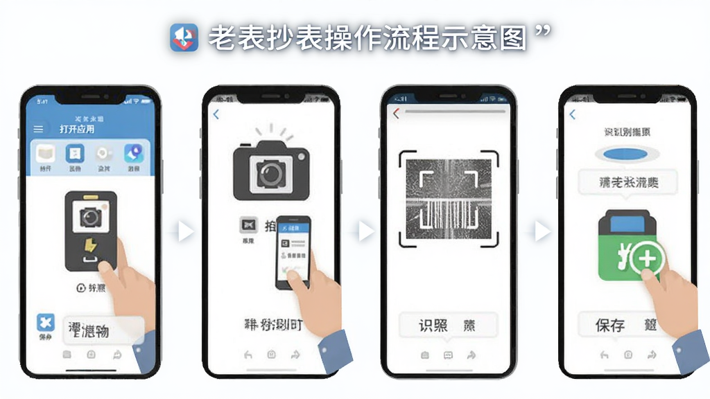 老表抄表操作流程示意图,展示从打开应用、拍照、识别到保存的四个步骤,界面简洁,图标清晰,背景为白色,风格扁平化,画质干净