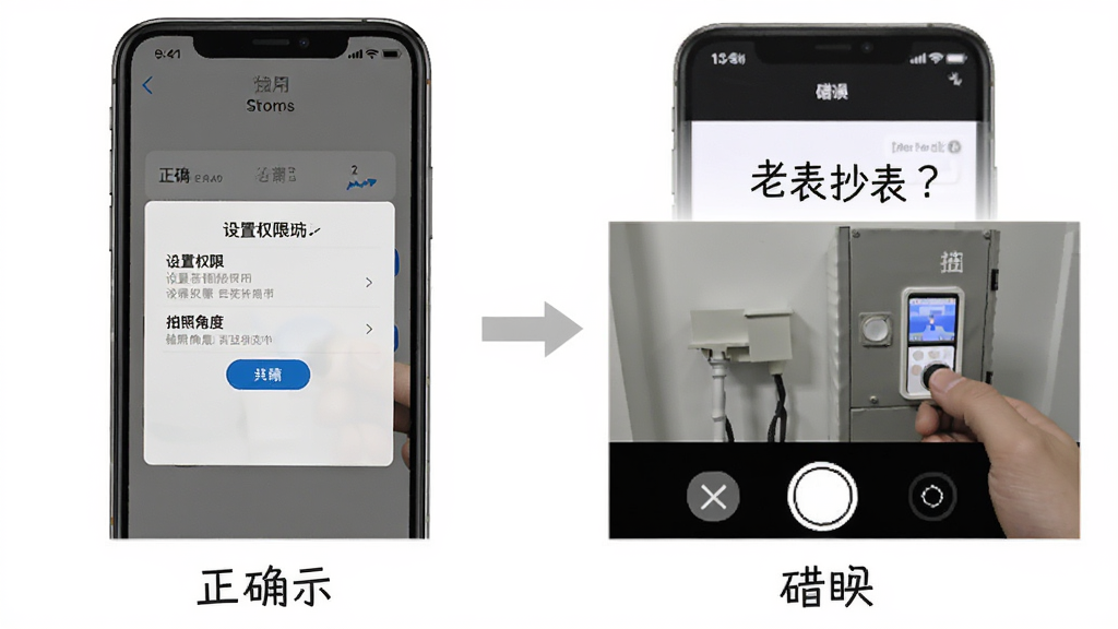 老表抄表使用技巧示意图,手机屏幕显示设置权限界面和拍照角度对比图,画面包含正确与错误示范,风格简洁明了,画质清晰干净无多余元素