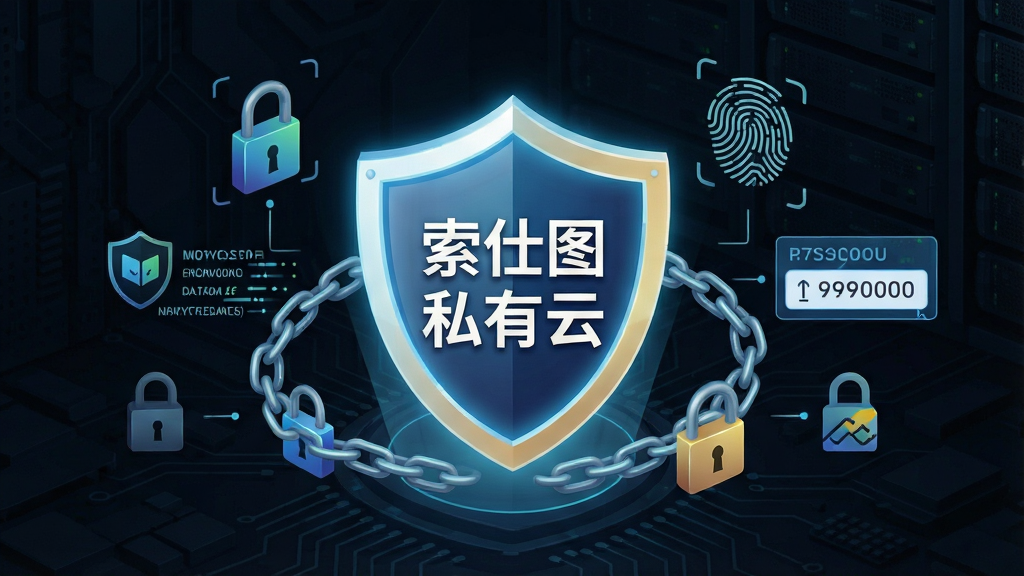 一张体现数据安全防护概念的图片,画面中央是一个发光的盾牌图标,盾牌上显示「索仕图私有云」字样,盾牌周围环绕着加密锁链、指纹识别、密码输入框等安全元素,背景为深色科技纹理,风格稳重专业,布局居中,细节包含加密数据流、权限分级图标,画质高清,画面干净,无多余元素