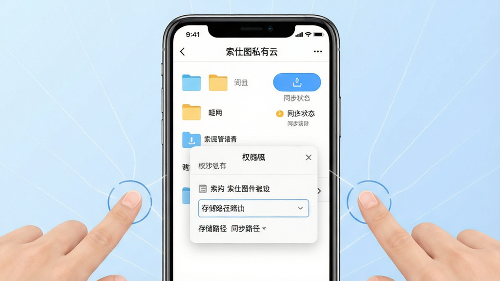 一张展示手机端操作界面的图片,画面中一部智能手机屏幕显示「索仕图私有云」的文件管理页面,页面上有文件夹列表、上传按钮、同步状态提示,手机周围有手指点击操作的示意线,背景为浅蓝色渐变,风格简洁明快,布局以手机为中心,细节包含权限设置弹窗、存储路径选择框,画质高清,画面干净,无多余元素