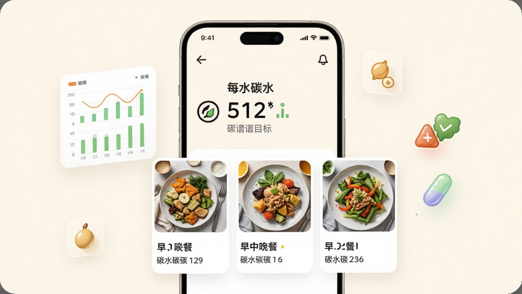 低碳食谱智能推荐功能界面,手机屏幕展示个性化食谱推荐结果,画面上方显示用户每日碳水目标数值,下方排列着三张食谱卡片,分别标注早中晚餐及对应碳水含量,背景为柔和的米白色,屏幕旁边漂浮着数据图表和营养元素图标,风格现代简约,画质高清,干净无杂乱