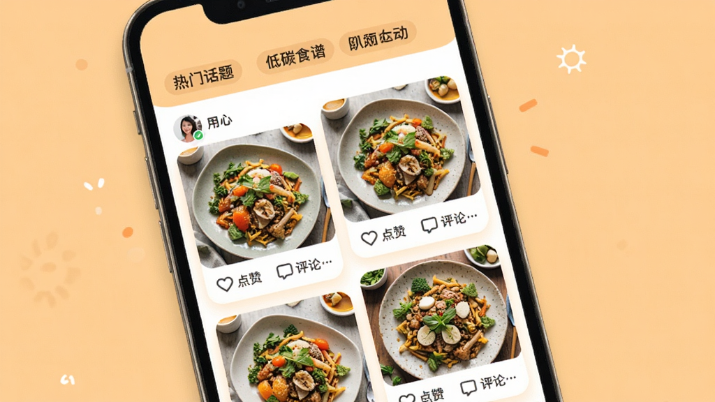 低碳食谱社区互动界面,手机屏幕展示用户分享的低碳餐食照片瀑布流,每张图片下方有点赞和评论按钮,顶部有热门话题标签,背景为温暖的浅橙色,整体氛围活跃温馨,画质清晰明亮,干净整洁