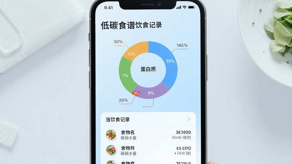 低碳食谱饮食记录页面,手机屏幕显示环形营养数据图表,分别展示碳水、蛋白质、脂肪的摄入比例,下方为当日饮食记录列表,包含食物名称和对应碳水量,背景为淡蓝色渐变,图表色彩鲜明清晰,整体风格科技感与清新感结合,画质细腻,无多余装饰
