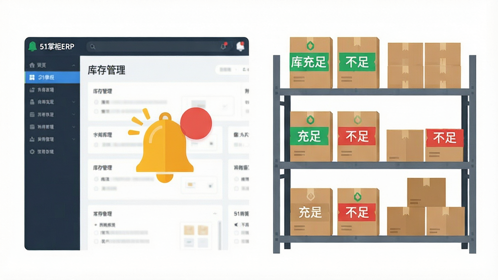一张信息图风格的插画,画面左侧是“51掌柜ERP”的库存管理界面截图样式,右侧是整齐排列的货架和纸箱,货架上有绿色和红色标签表示库存充足与不足,布局为左右分栏,风格为扁平化信息图,细节上有一个醒目的铃铛图标表示预警提醒,背景为白色,画质高清,干净,无多余元素