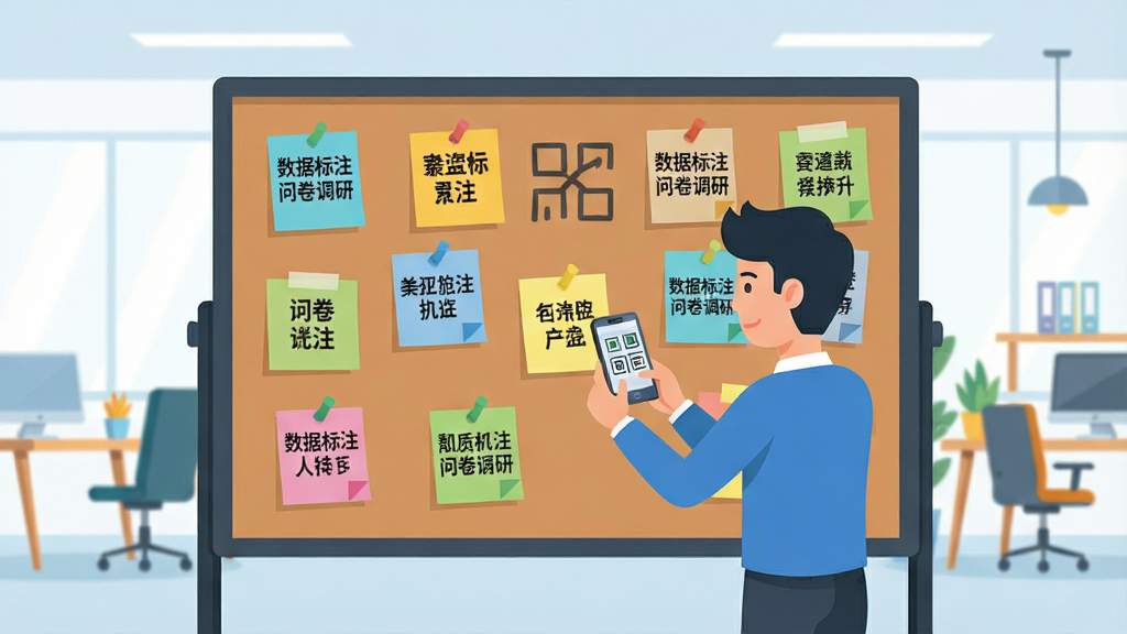 一张扁平化插画风格的图片,画面主体是一个巨大的任务公告板,公告板上贴满各种颜色的任务便签,便签上写着简短的兼职类型文字如数据标注、问卷调研,一位卡通人物正站在公告板前用手机扫描便签,背景是明亮的办公室或共享空间,布局采用左右对称构图,风格商务简洁,画质清晰干净无多余装饰