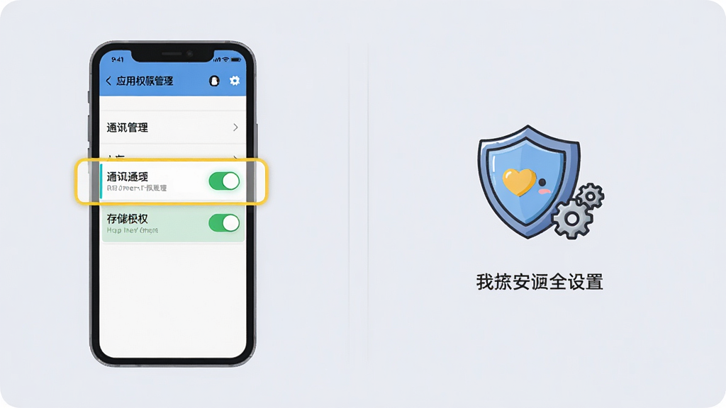 一张展示手机安全设置界面的示意图,画面中一部手机屏幕显示应用权限管理页面,高亮标注通知权限和存储权限的开关按钮,手机旁边有一个卡通盾牌和齿轮图标,背景为柔和的浅灰色,排版采用左右分栏左侧手机右侧图标说明,风格简洁清晰,画质干净无多余元素