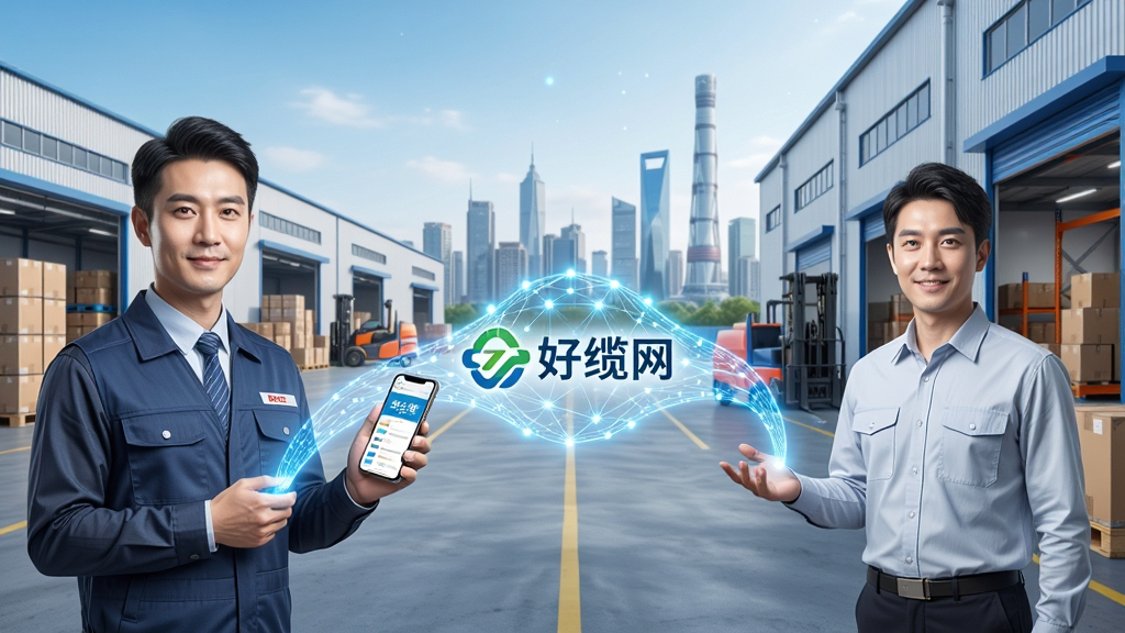 一张体现好缆网供需对接场景的生图,画面左侧是一位手持手机的采购商,右侧是一位站在仓库前的供应商,两人之间由一条发光的数字纽带连接,纽带中央浮现“好缆网”标志;背景为现代化物流仓库与城市天际线,风格写实商务,色彩明亮,细节丰富,画质高清,无多余文字