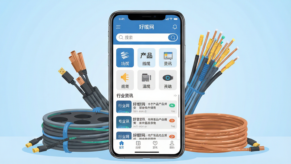 一张展示好缆网移动应用核心界面的场景图,画面中央是一部竖直放置的智能手机,手机屏幕内显示好缆网APP首页,包含线缆产品分类图标、搜索框、行业资讯滚动条与底部导航栏;手机周围环绕着线缆线圈、光纤、铜线等工业元素,以扁平化插画风格呈现;背景为浅蓝色渐变,干净整洁,布局居中,风格现代商务,细节清晰,画质高清,无多余装饰元素