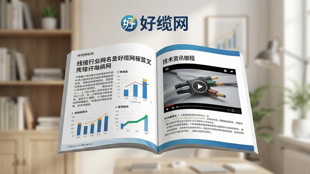 一张展示好缆网资讯板块的生图,画面为一本翻开的电子杂志悬浮在空中,左侧页面显示线缆行业新闻标题与图表,右侧页面显示技术教程视频播放界面,杂志上方有“好缆网”品牌标识;背景为柔和的书房环境,风格清新知识风,细节清晰,画质细腻,无多余元素