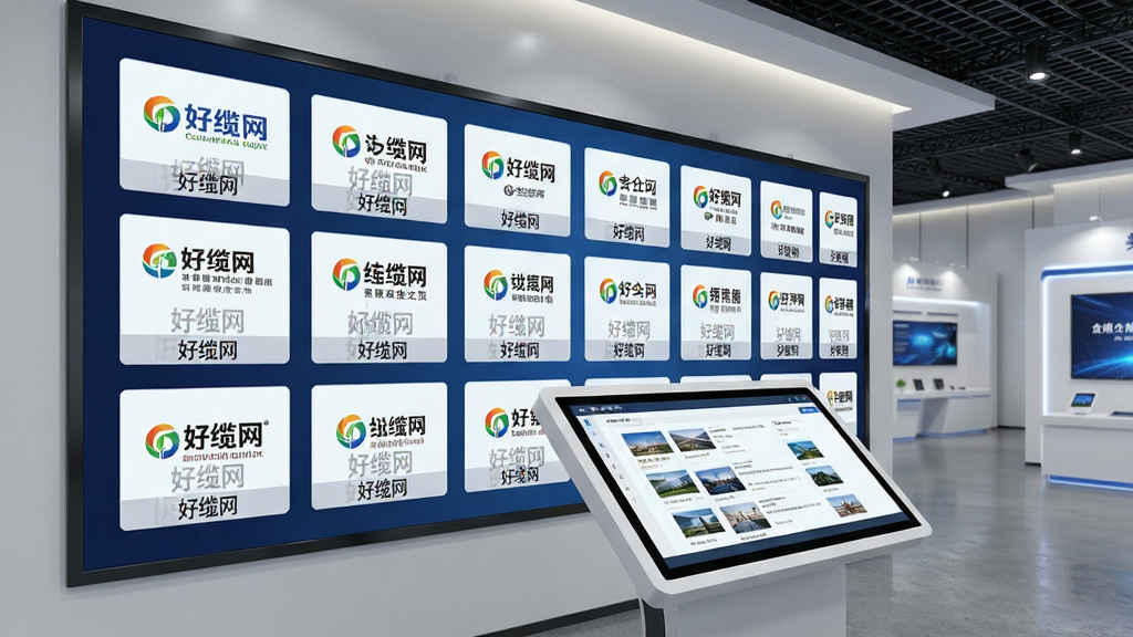 一幅好缆网企业黄页功能的生图,画面为一面大型数字展示墙,墙上整齐排列着多家企业的LOGO与名称卡片,每张卡片下方有“好缆网”水印;展示墙前方有一台触控查询终端,界面显示企业详情页;背景为现代展厅,风格简洁大气,细节精致,画质高清,无杂乱元素