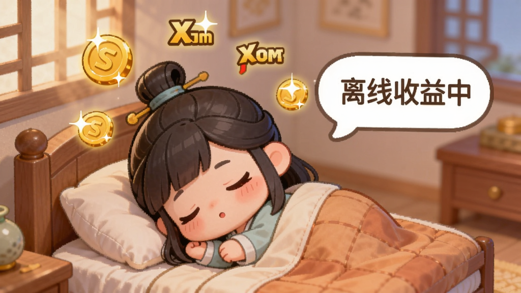 一个Q版古风角色躺在床上睡觉,头顶漂浮着金币和经验值图标,旁边显示
