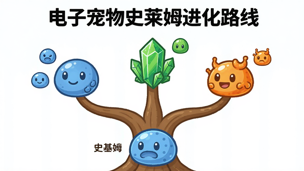 画面展示一棵分叉的进化树状图,树干底部是一只基础史莱姆,向上分出三条分支分别对应蓝色圆润形态、绿色晶莹形态和橙色活力形态,每个形态旁边有小图标标注,布局为纵向树形结构,排版清晰层级分明,风格为信息图表式卡通插画,细节上各形态史莱姆有不同纹理和光泽,画质高清矢量风格,干净无多余元素,图片顶部文字写着“电子宠物史莱姆进化路线”