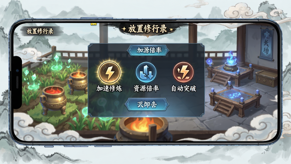 画面展示一部横向放置的安卓手机,屏幕中显示放置修行录的游戏界面,画面中央是一个悬浮的半透明菜单面板,面板上排列着“加速修炼”“资源倍率”“自动突破”等按钮图标,背景为游戏内的仙侠场景,有灵田、丹炉、修炼台等元素,风格为扁平化UI与水墨背景结合,细节上按钮有轻微光泽、背景有云雾流动感,画质清晰,画面干净,无多余元素,图片中可带有“放置修行录”文字
