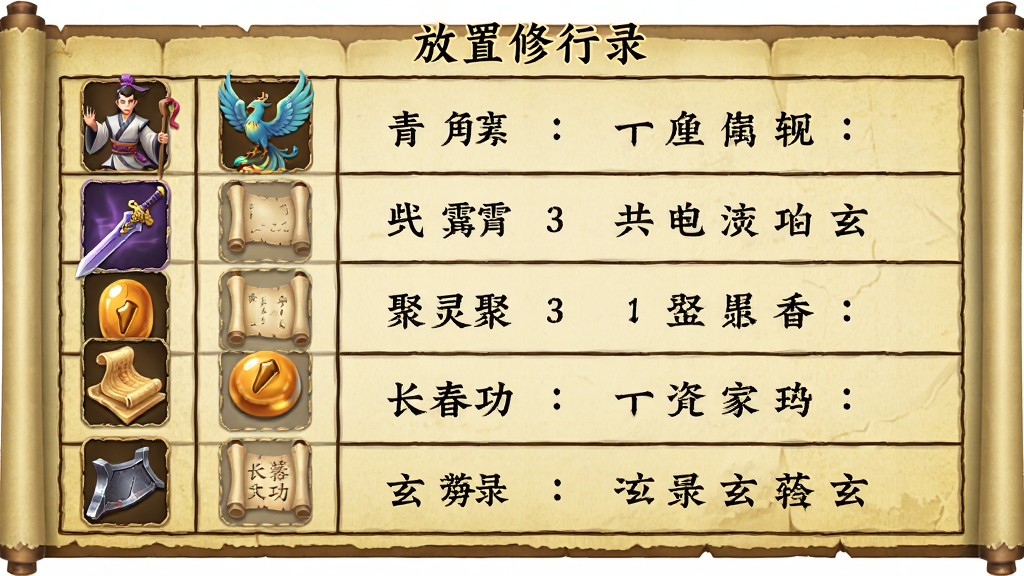 画面以表格形式展示放置修行录中的角色与道具属性,左侧为角色或道具的图标,右侧为对应的属性文字说明,整体采用古典卷轴风格,背景为淡黄色宣纸纹理,表格线条为深棕色,文字为黑色楷体,图标包括修行者、青鸾、紫霄剑、聚灵丹、长春功、玄铁等,布局整齐,风格统一,细节上图标有轻微立体感,画质高清,画面干净,无多余装饰,图片中可带有“放置修行录”文字