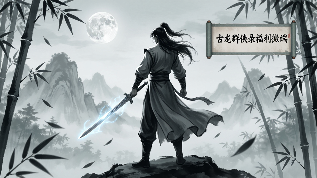 一幅展现古龙武侠世界的数字插画,主体为一位身披长袍的侠客背影,手持长剑立于竹林之巅。布局采用居中构图,远景为朦胧的远山与圆月,近景有飘落的竹叶。排版风格为东方奇幻水墨风,细节上侠客衣袂飘飘、剑身泛着寒光,背景中隐约可见“古龙群侠录福利微端”字样的卷轴悬浮。画质高清,画面干净,无多余元素。