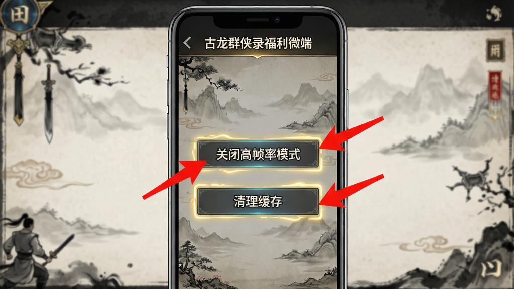 一张手机屏幕截图风格的示意图,主体为游戏设置界面,显示“关闭高帧率模式”与“清理缓存”按钮被高亮标注。布局为竖版手机界面,背景为武侠风格的UI底纹。排版风格为简洁教程风,细节上按钮带有红色箭头指示,画面顶部有“古龙群侠录福利微端”标题栏。画质清晰,画面干净,无多余元素。