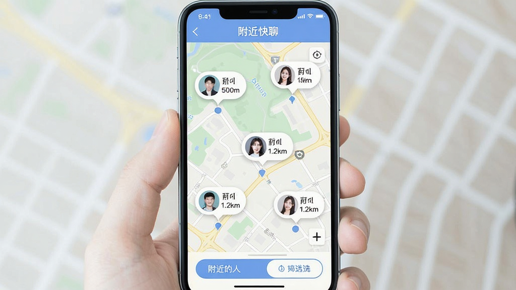 һ�Ÿ�������APP�ڡ��������ˡ�����ҳ����ֻ���ͼ���ͼƬ����������Ϊ�ֻ���Ļ����Ļ��չʾ��ͼ������ɢ���Ŷ���û�ͷ�����ݣ�ÿ�������Ա�ע�����硰500m����1.2km���������С��������ġ����֣��ײ���ɸѡ��ť�����ּ�࣬�����ˬ�����ʸ��壬�ɾ��޶���Ԫ��