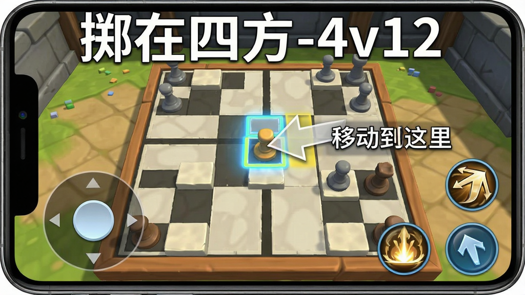 一张展示掷在四方-4v12新手教学关卡的手机截图风格图片,画面中有一个半透明的指引箭头指向棋盘上的高亮格子,旁边有文字提示“移动到这里”,画面下方有虚拟摇杆和技能按钮,背景是训练场风格的四方棋盘,画面上方用白色字体写着“掷在四方-4v12”,整体风格清晰明亮,画质干净,适合作为教程配图