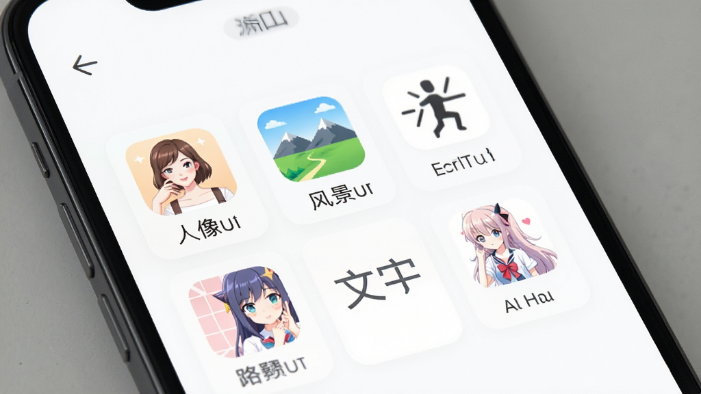 一张手机应用界面截图,展示晰见放大软件的功能选择菜单,包括人像、风景、文字、动漫等图标选项,界面设计简洁,图标精美,背景为纯白色,画质清晰,无杂乱元素